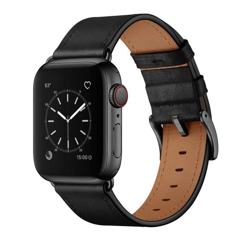 OUHENG Leather Bands Compatible with Apple Watch Band 42mm 41mm 40mm 38mm, Genuine Leather Strap Compatible with Apple Watch Series 11/10/9/8/7/6/5/4/3/2/1 & SE3 SE2 SE, Black/Black - Image 1